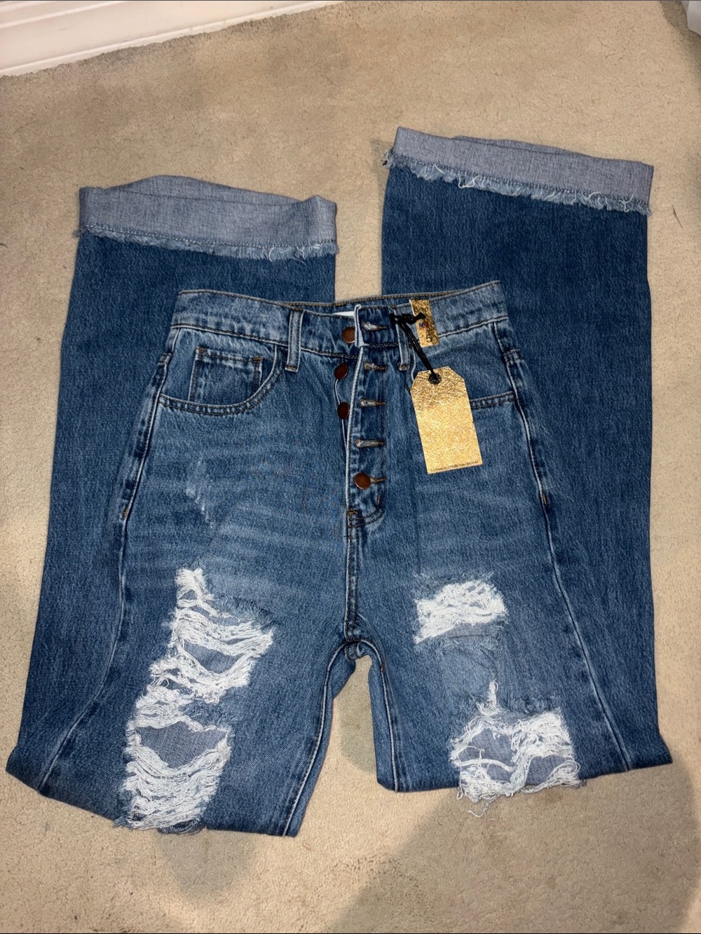 High-Rise Distressed Blue Denim Jeans with Button Fly size 5!!! Won’t let me put